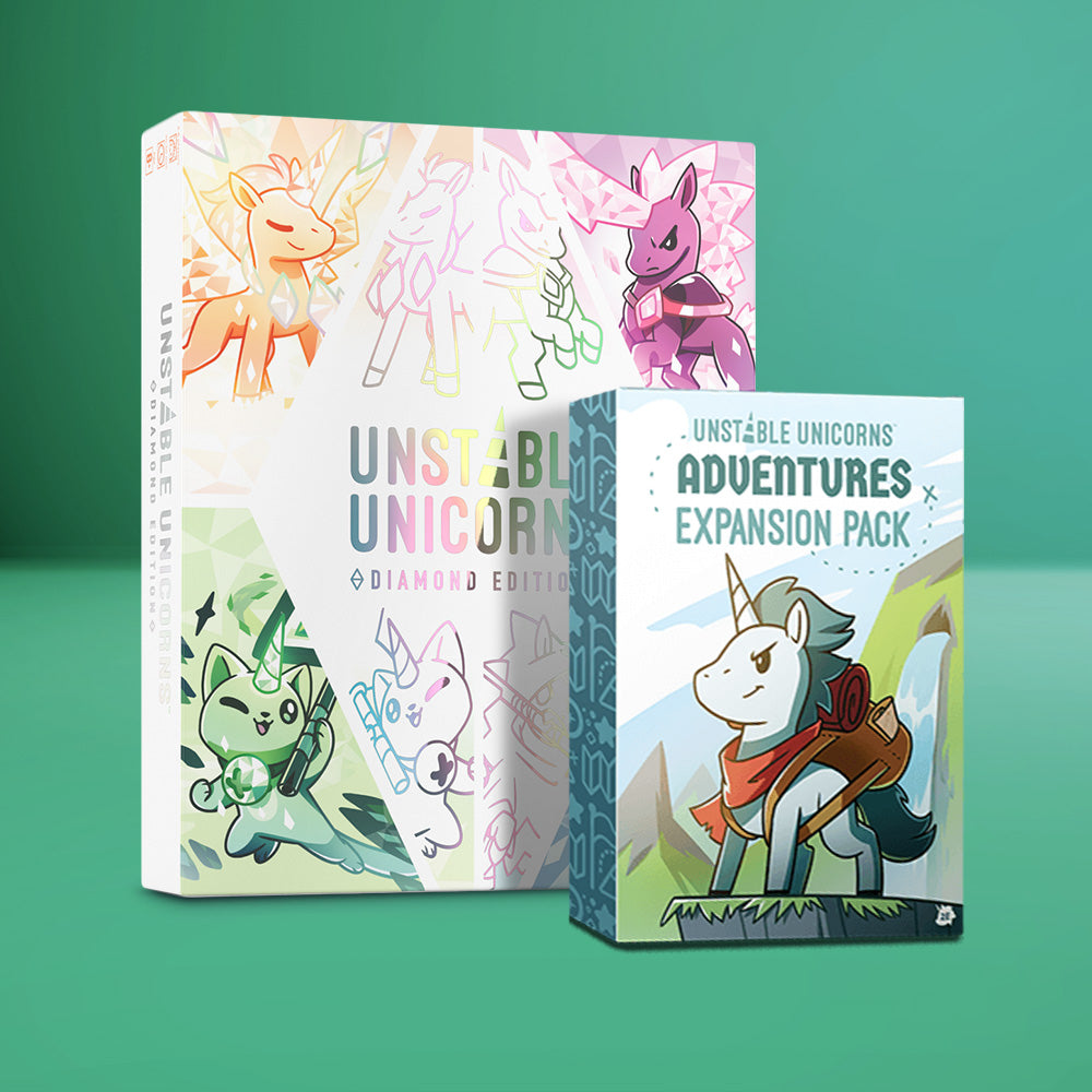 Two game boxes on a green background: "Unstable Unicorns: Diamond Edition: Base Game + Adventures Expansion Bundle" by Unstable Games. Engage in this strategic card game and build your unicorn army with playful unicorn illustrations on the boxes.