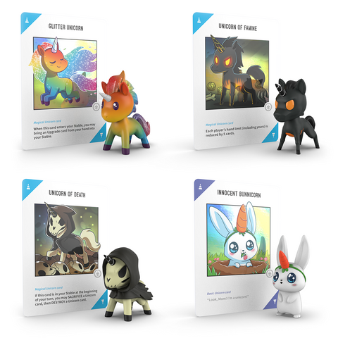 Displayed together are four unicorn-themed cards from the Unstable Games' Rainbow Apocalypse Vinyl Figure Blind Box collection: Glitter Unicorn, Unicorn of Famine, Unicorn of Death, and Innocent Bunniicorn. Each card features unique illustrations and characteristics that suggest a whimsical Rainbow Apocalypse theme.