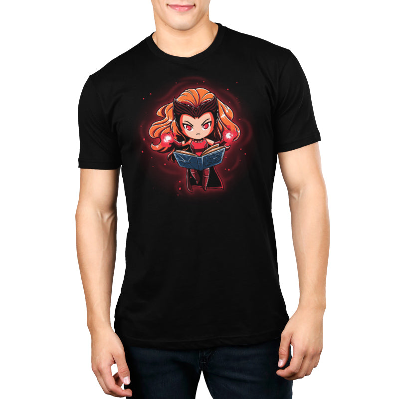 A Marvel branded "Knowledge Is Power" Scarlet Witch themed t-shirt featuring a girl reading a book.