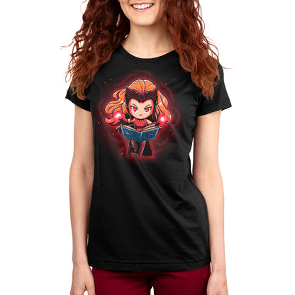 A licensed Marvel "Knowledge Is Power" black women's t-shirt featuring an image of a girl holding a book, made from Super Soft Ringspun Cotton.