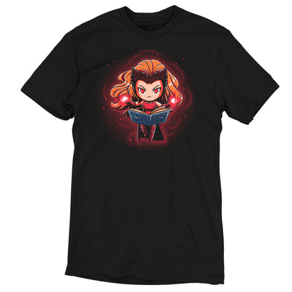 A black t-shirt with an image of Scarlet Witch holding a book, called "Knowledge Is Power" by Marvel.