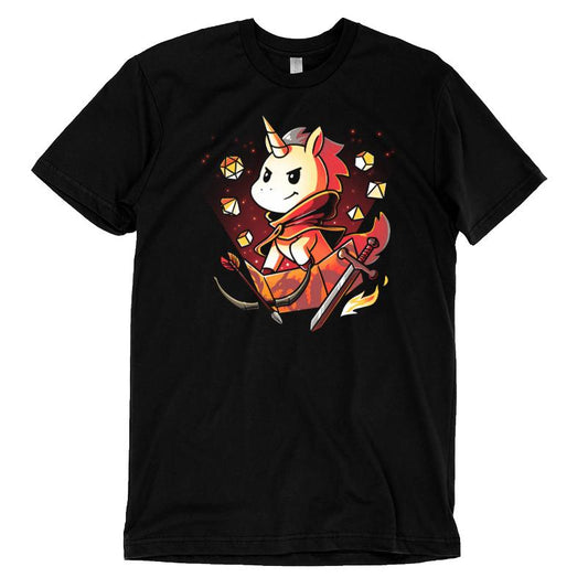 A black TeeTurtle Dungeons and Unicorns t-shirt featuring a unicorn with a sword, made of super soft ringspun cotton.