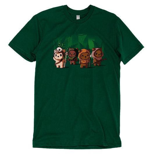 A men's green Star Wars t-shirt with three Ewoks in the forest, made of super soft ringspun cotton.