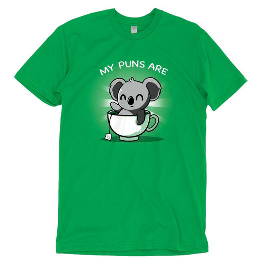 A green Koala Tea Puns t-shirt with puns by TeeTurtle.