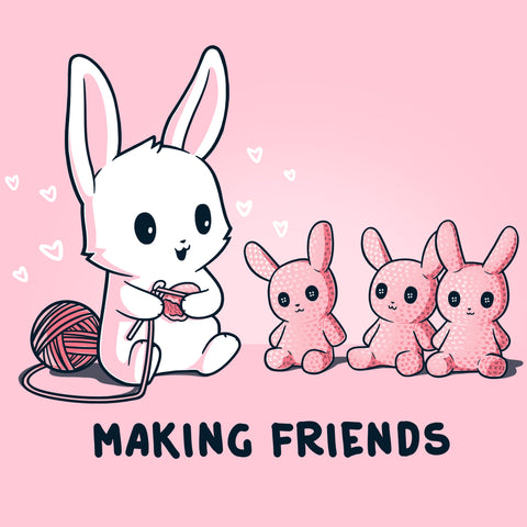 square-image-grid-Premium Cotton T-shirt_Teeturtle light pink Making Friends apparel featuring a white bunny knitting 3 bunny friends out pink of yarn, caption reads, "Making Friends'.