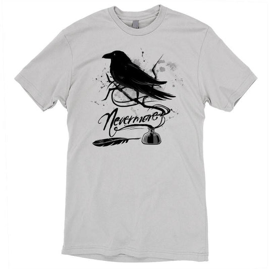 A silver Nevermore T-shirt featuring a TeeTurtle original design of a crow and a feather, inspired by the mysterious theme of 