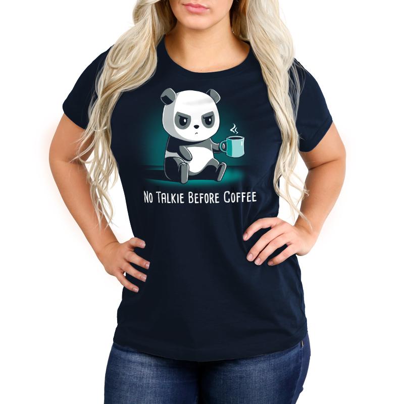 A TeeTurtle No Talkie Before Coffee t-shirt featuring a panda bear enjoying coffee.
