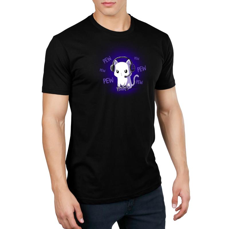 A man wearing a TeeTurtle Pew Pew Kitty (Glow) t-shirt.