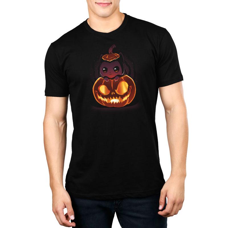 A Pumpkitten t-shirt featuring a scary jack o' lantern by TeeTurtle.