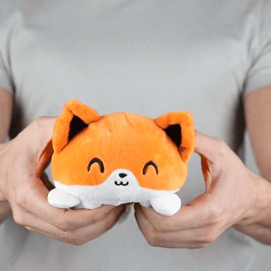 A person holding a TeeTurtle Reversible Fox Plushie (Orange) by TeeTurtle.