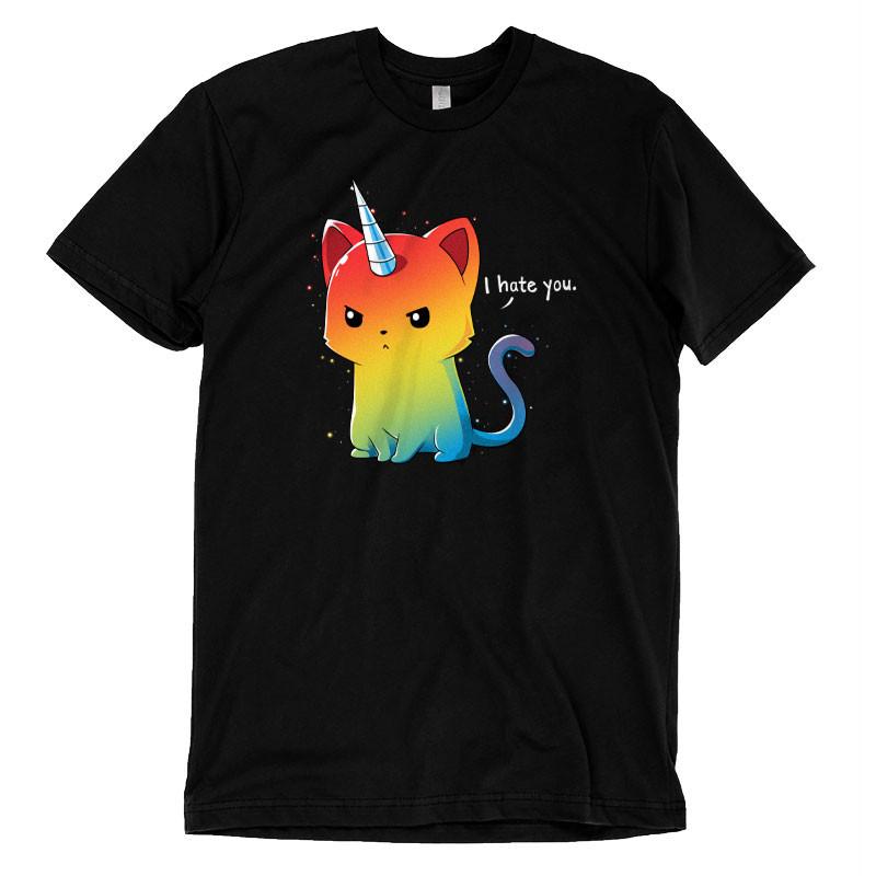 A black t-shirt with a colorful image of The Magical Kittencorn, a cat wearing a unicorn hat, adding personality and comfort made by TeeTurtle.