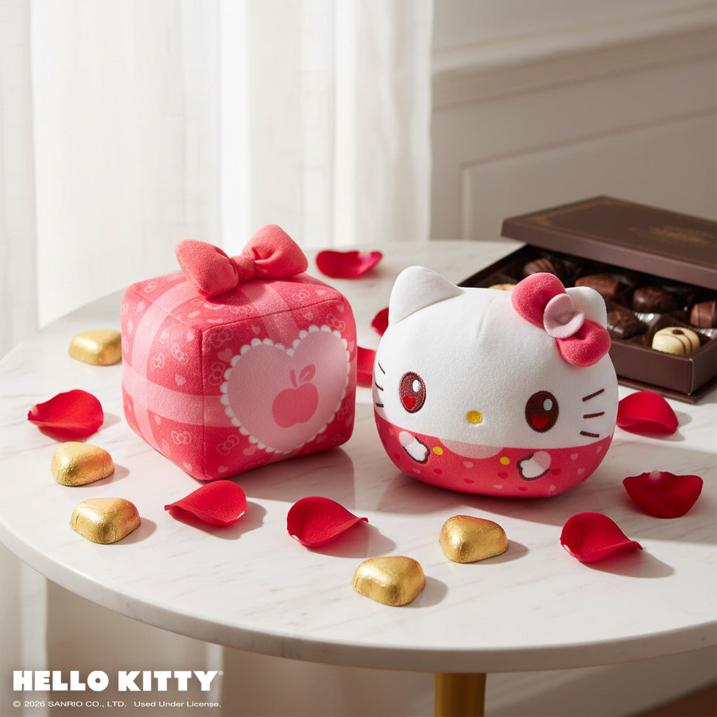 Valentine Present Hello Kitty 4" Reversible Plushie on a table surrounded by red petals, chocolates, and a chocolate box