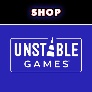 A digital graphic with a black top section featuring the word 'SHOP' in white with a red outline, and a blue bottom section displaying the 'Unstable Games' logo in white.