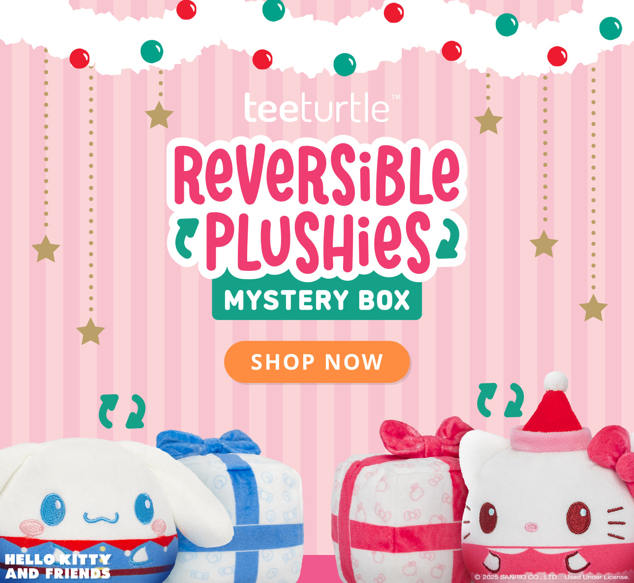 Teeturtle reversible plushies mystery box advertisement with Hello Kitty and Friends plush toys on a pink background.