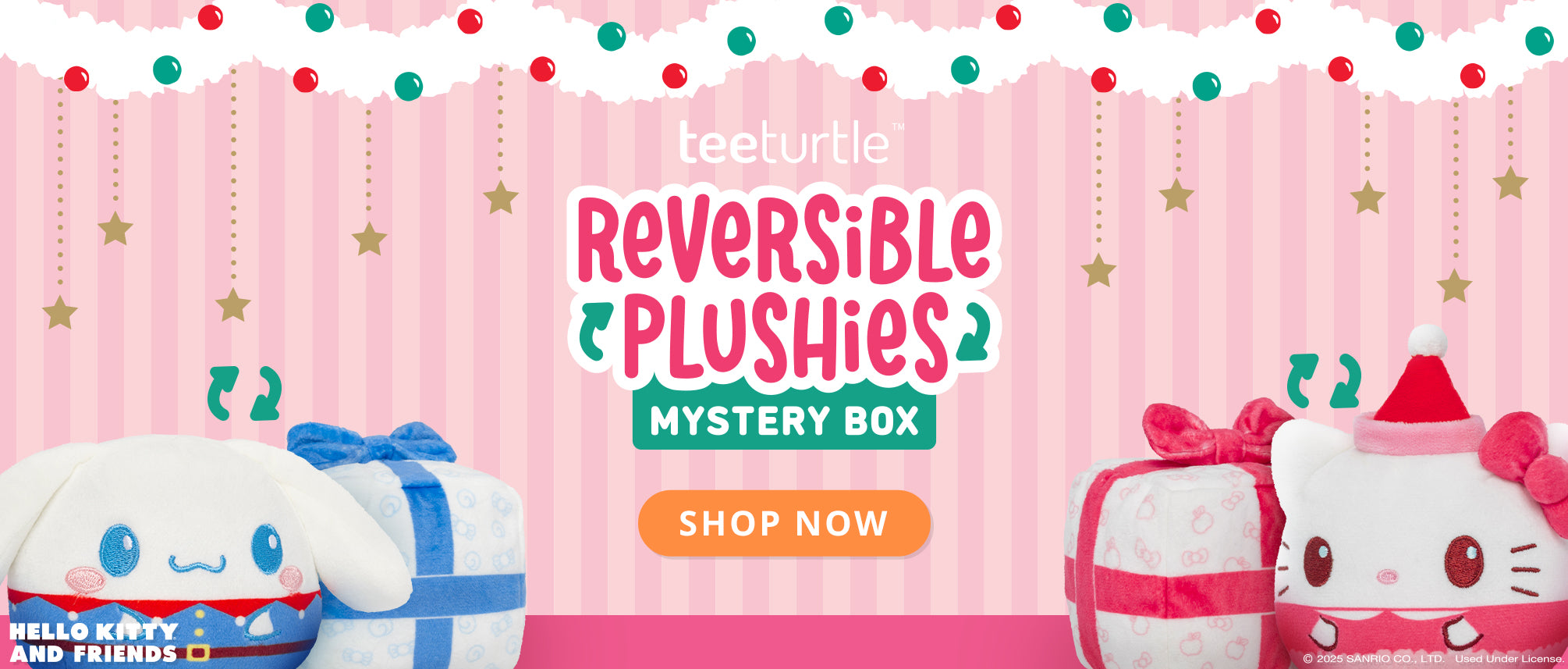 Promotional banner for feeturtle reversible plushies mystery box with cartoon characters on a pink background.