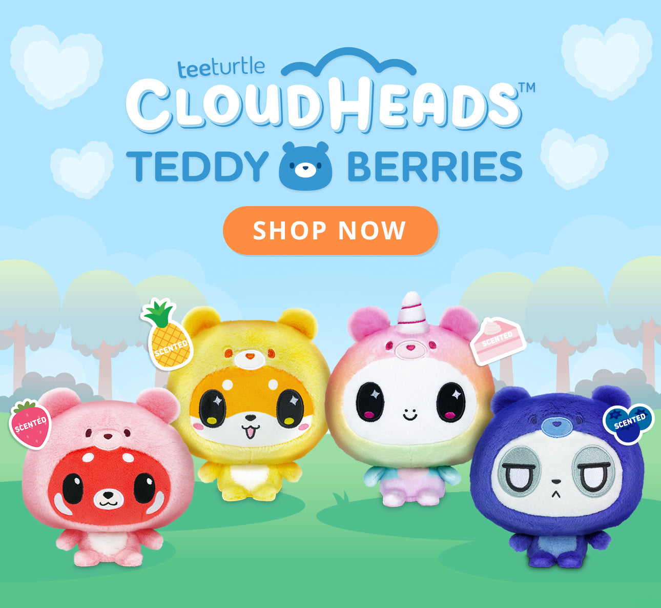 Four colorful Cloud Heads Teddy Berries plush toys with a blue sky and heart-shaped clouds in the background.