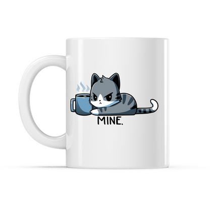 Ceramic Mug_TeeTurtle Mine. white mug featuring a grumpy cat holding onto a coffee mug with the caption, “Mine.“.