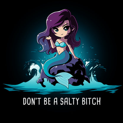 Premium Cotton T-shirt_TeeTurtle Salty Beach navy blue t-shirt featuring a magical purple-haired mermaid with a teal tail sitting on a rock in the ocean, with the pun "Don't be a Salty Beach" at the bottom.