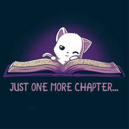 Women's Premium T-shirt_TeeTurtle navy blue Just One More Chapter. Featuring a sleepy white cat reading a book.