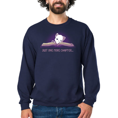 Crew Neck Sweatshirt_TeeTurtle navy blue Just One More Chapter. Featuring a sleepy white cat reading a book.