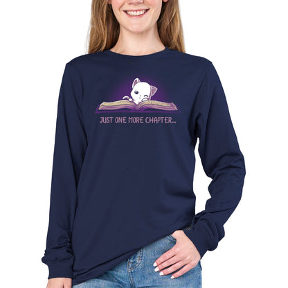 Long Sleeve T-shirt_TeeTurtle navy blue Just One More Chapter. Featuring a sleepy white cat reading a book.