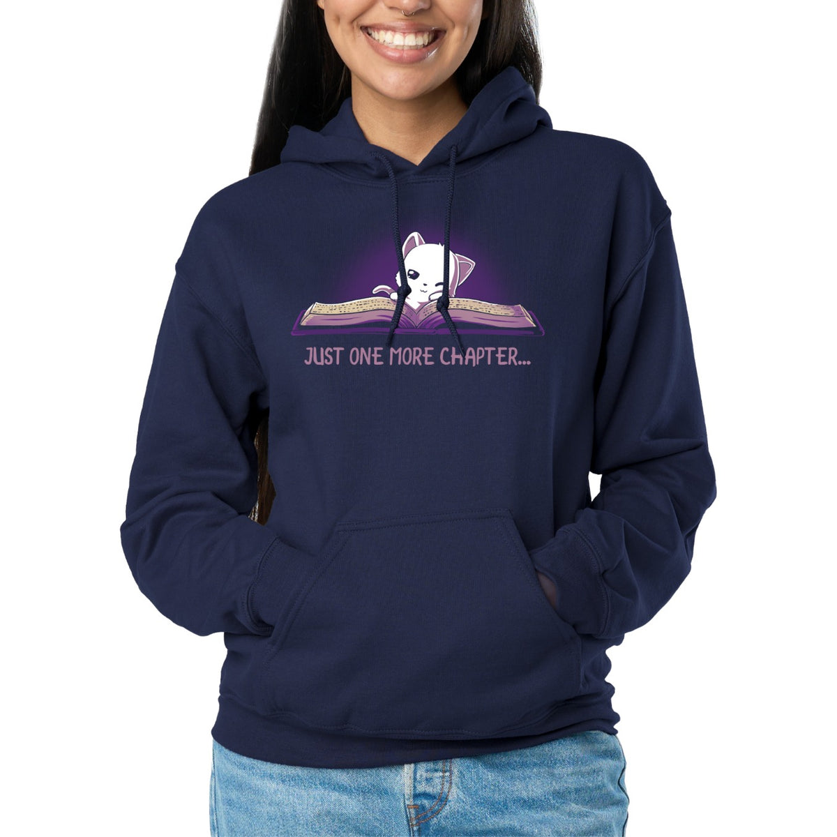 Pullover Hoodie_TeeTurtle navy blue Just One More Chapter. Featuring a sleepy white cat reading a book.