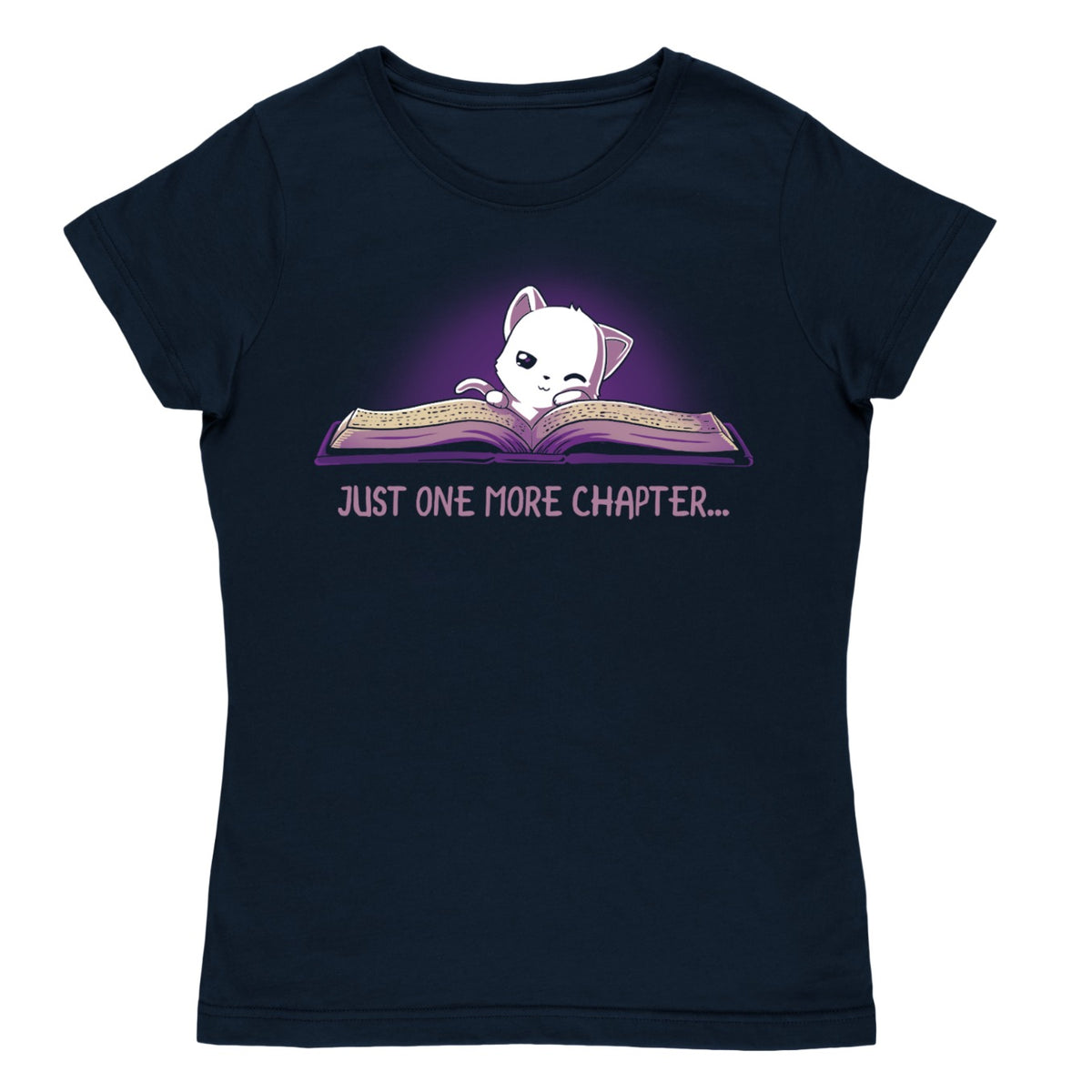 Women's Premium T-shirt_TeeTurtle navy blue Just One More Chapter. Featuring a sleepy white cat reading a book.