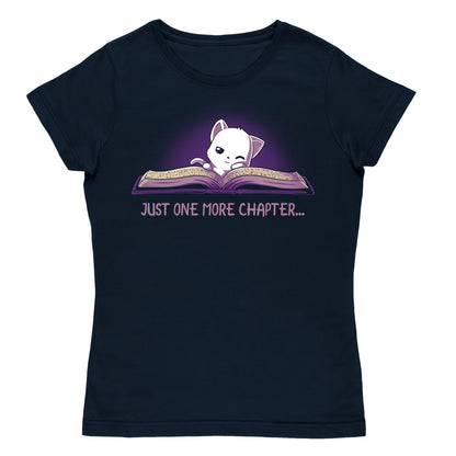 Women's Premium T-shirt_TeeTurtle navy blue Just One More Chapter. Featuring a sleepy white cat reading a book.
