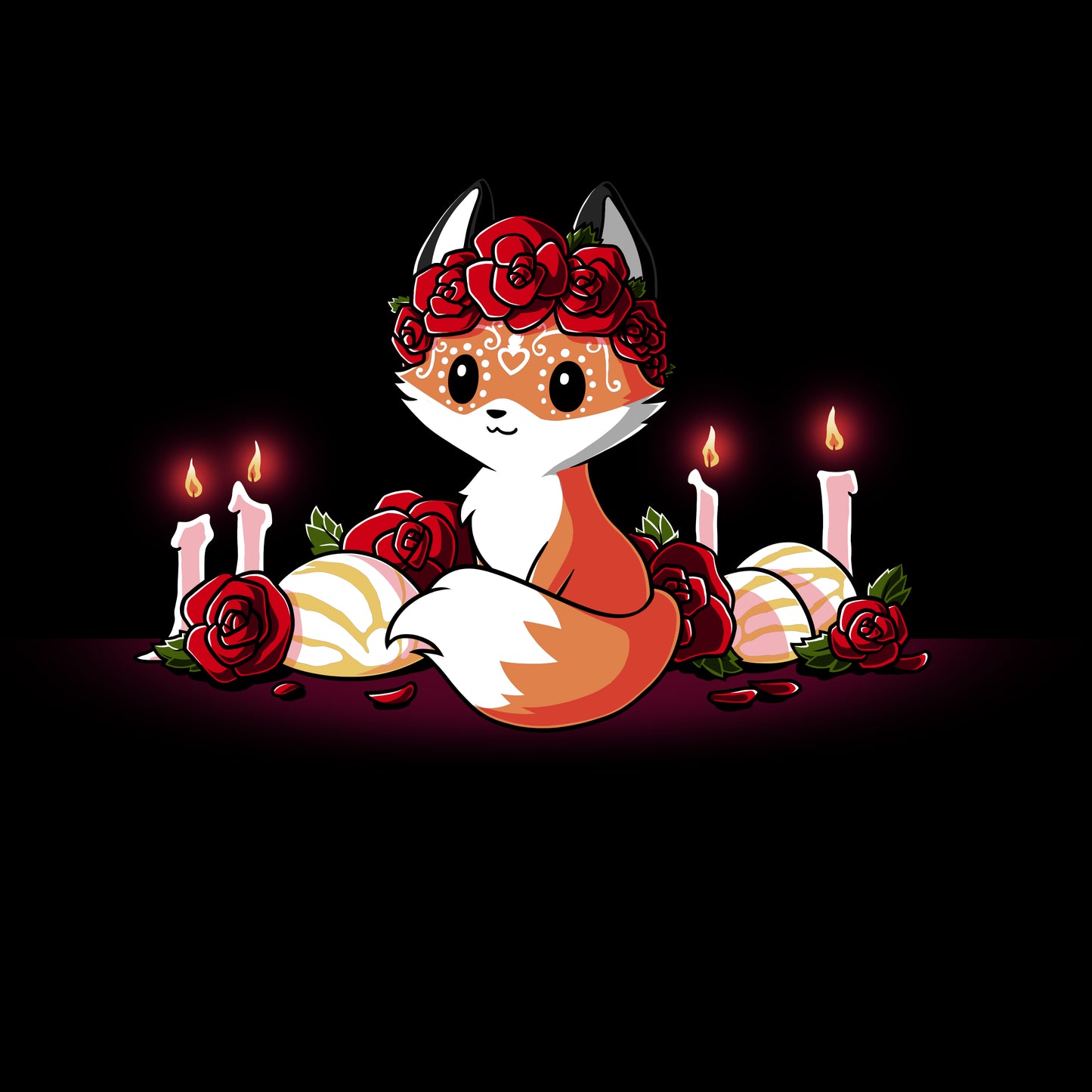 Premium Cotton T-shirt_TeeTurtle Dia de los Foxes black t-shirt featuring a cute little fox animal with Dia de los Muertos markings and wearing a crown of roses, surrounded by lit candles, roses and other Day of the Dead objects.