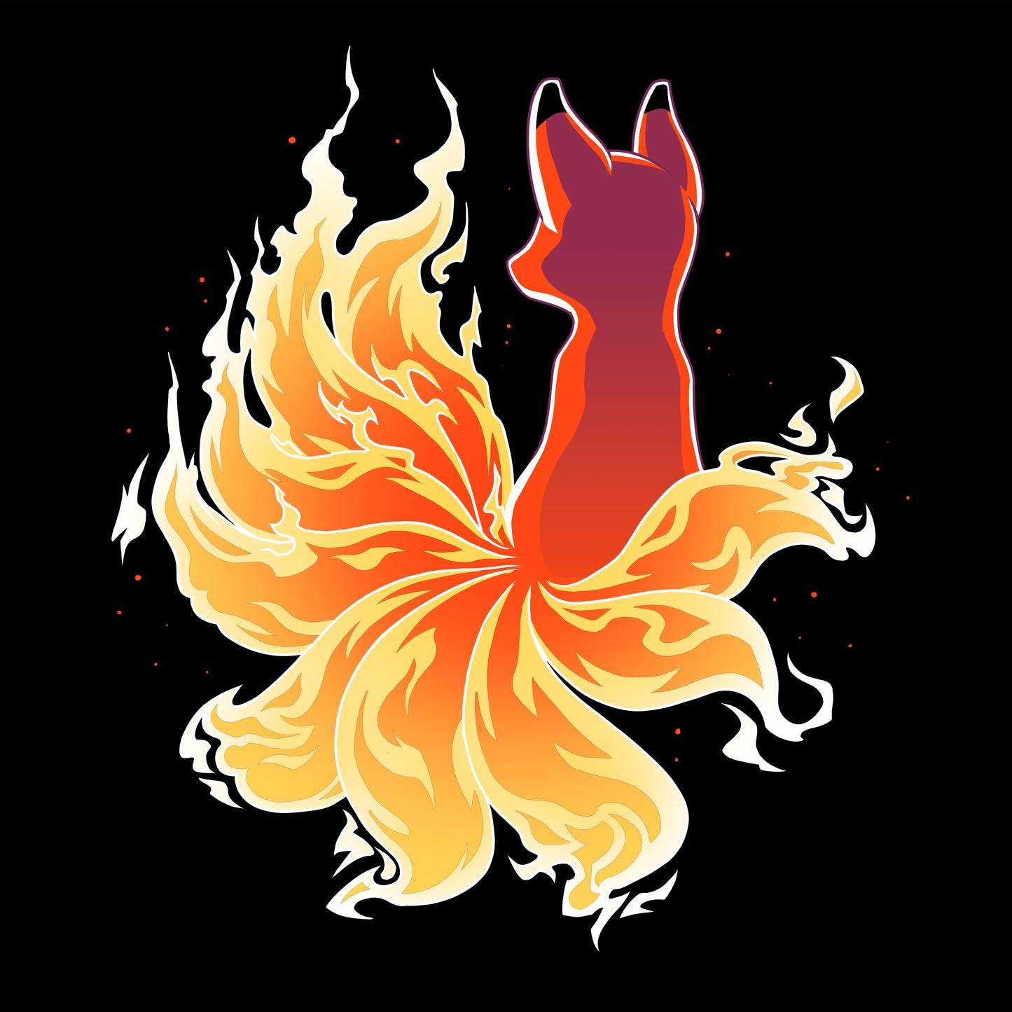 An illustration of a Fire Kitsune with multiple fiery tails, set against a black background. The tails resemble flames, adding a dynamic and mystical look to the fox. This artwork is featured on an unisex tee made from super soft ringspun cotton, offering comfort and style for all. The product is named "Fire Kitsune" by monsterdigital.