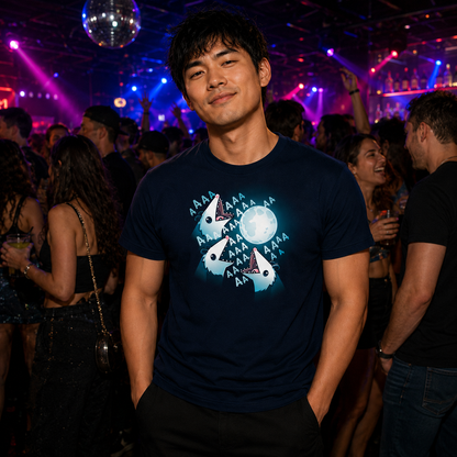 Premium Cotton T-shirt_TeeTurtle 3 Opossum Moon navy blue t-shirt featuring three opossums screaming at a glowing full moon with "AAA" repeated around their open mouths in this nature scene. 