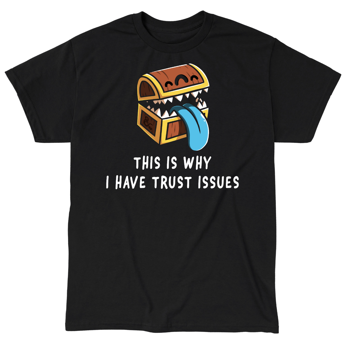 Classic Cotton T-shirt_TeeTurtle black Trust Issues Classic Cotton T-Shirt featuring a cartoon treasure chest with sharp teeth and a blue tongue, captioned "This is why I have trust issues." 