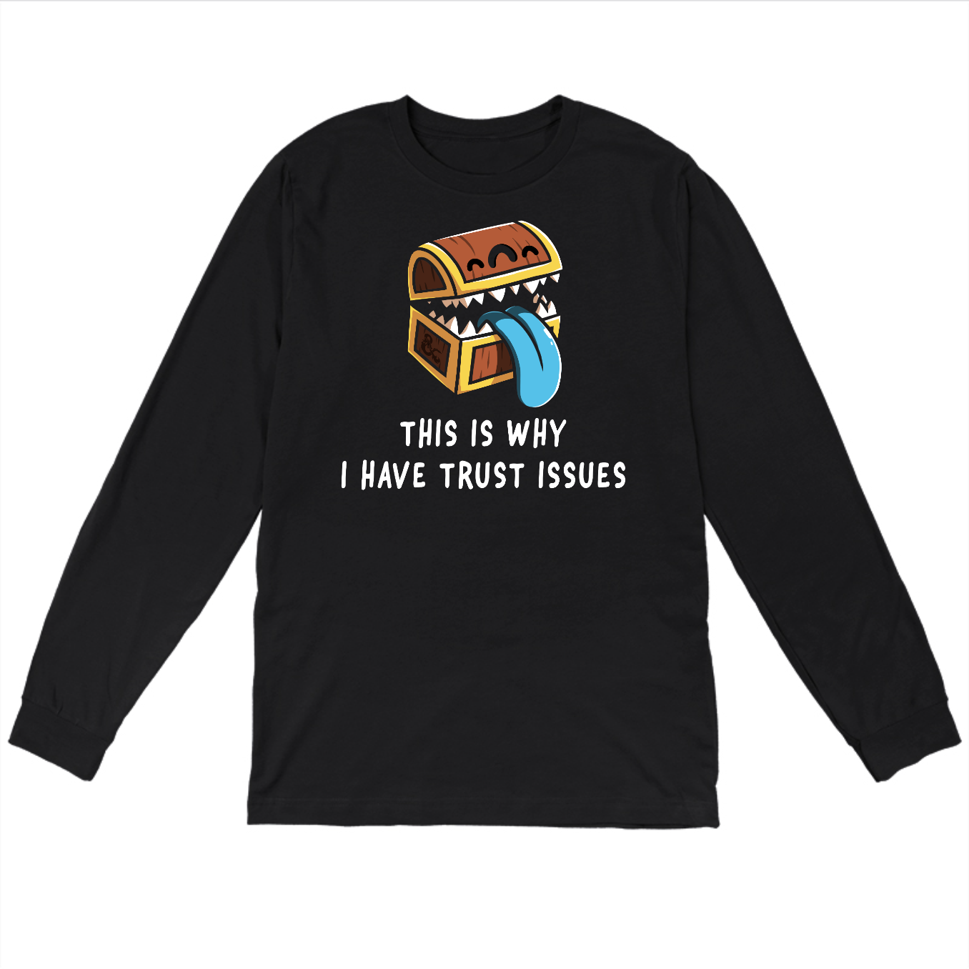 Long Sleeve T-shirt_TeeTurtle black Trust Issues Long Sleeve Cotton T-Shirt featuring a cartoon treasure chest with sharp teeth and a blue tongue, captioned "This is why I have trust issues." 