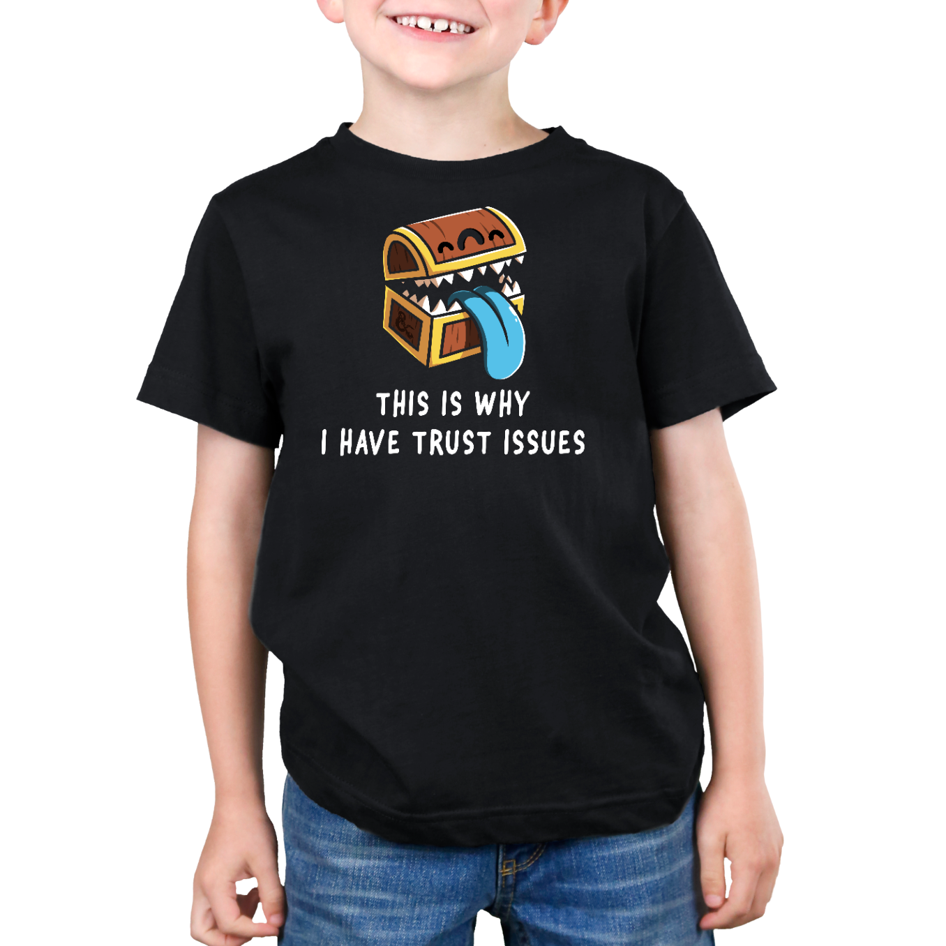 Premium Cotton T-shirt_TeeTurtle black Trust Issues Premium Cotton T-Shirt featuring a cartoon treasure chest with sharp teeth and a blue tongue, captioned "This is why I have trust issues." 