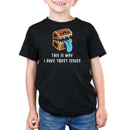 Premium Cotton T-shirt_TeeTurtle black Trust Issues Premium Cotton T-Shirt featuring a cartoon treasure chest with sharp teeth and a blue tongue, captioned "This is why I have trust issues." 