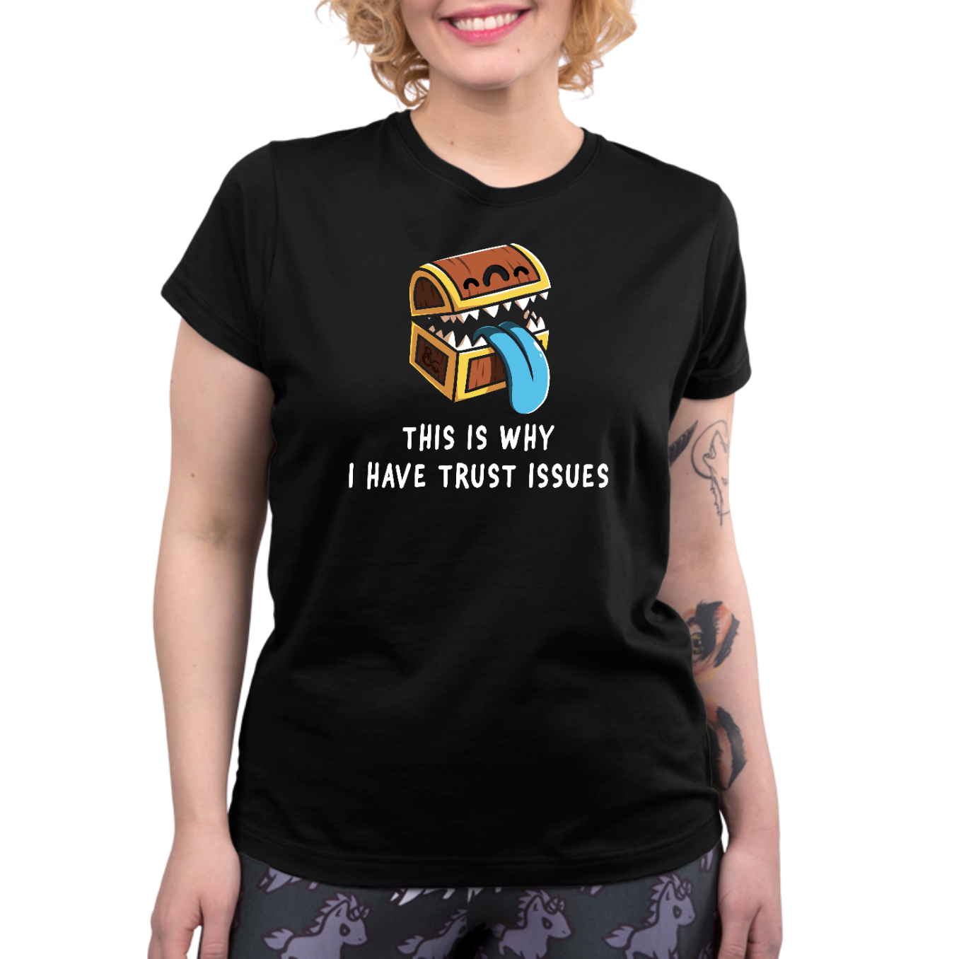 Premium Cotton T-shirt_TeeTurtle black Trust Issues Premium Cotton T-Shirt featuring a cartoon treasure chest with sharp teeth and a blue tongue, captioned "This is why I have trust issues." 