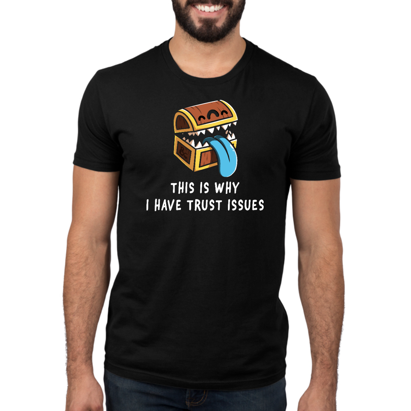 Premium Cotton T-shirt_TeeTurtle black Trust Issues Premium Cotton T-Shirt featuring a cartoon treasure chest with sharp teeth and a blue tongue, captioned "This is why I have trust issues." 