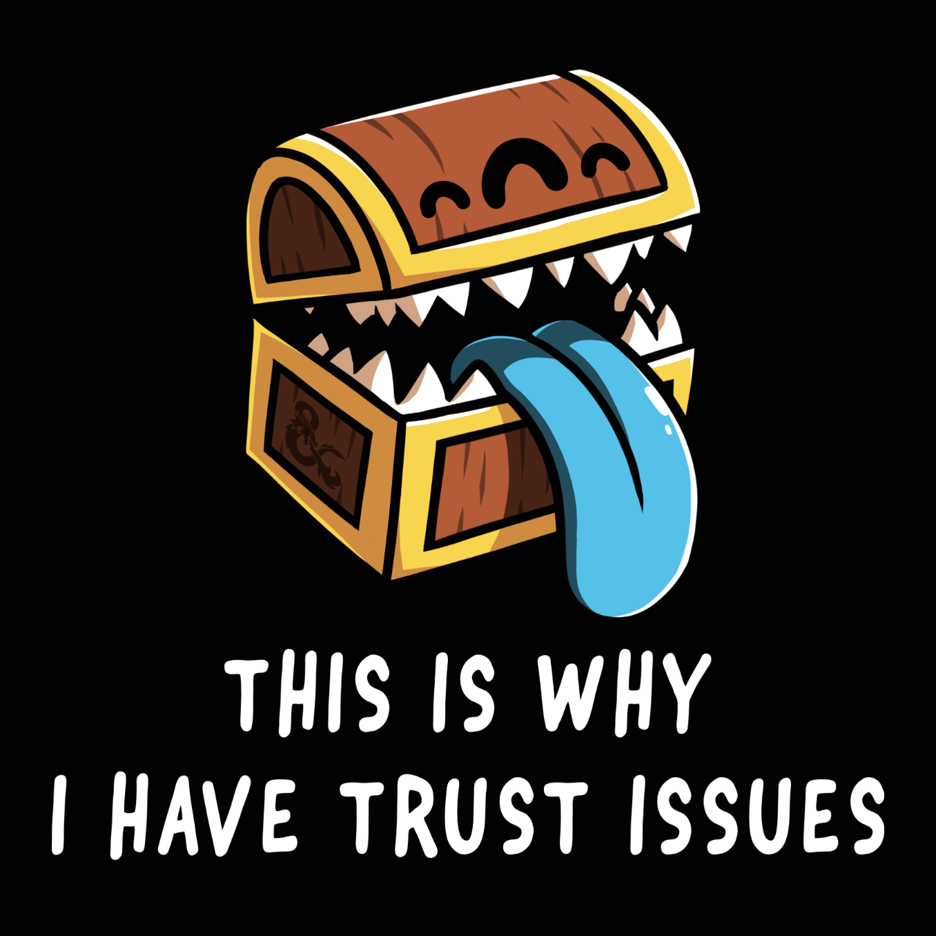 Long Sleeve T-shirt_TeeTurtle black Trust Issues Long Sleeve Cotton T-Shirt featuring a cartoon treasure chest with sharp teeth and a blue tongue, captioned "This is why I have trust issues." 