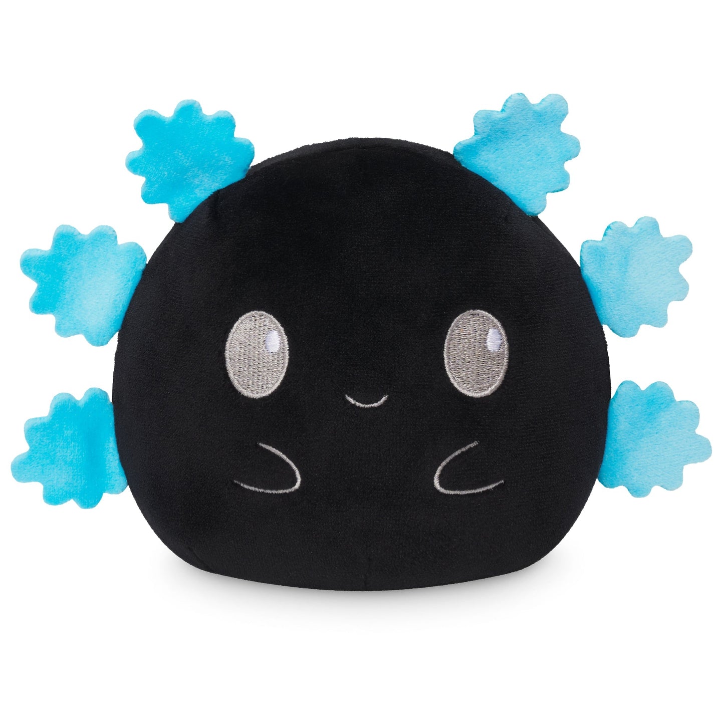 A soft and cuddly TeeTurtle Plushiverse Feeling Blue Axolotl 4” Reversible Plushie resembling a smiling black round character with blue accents on the sides.