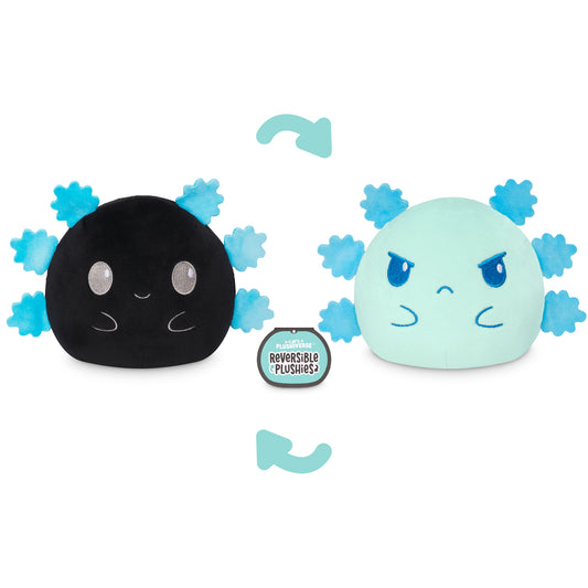 Two reversible plushies with one side showing a happy face and the other side showing an unhappy face. These soft and cuddly TeeTurtle Plushiverse Feeling Blue Axolotl 4” Reversible Plushies are perfect for expressing emotions.