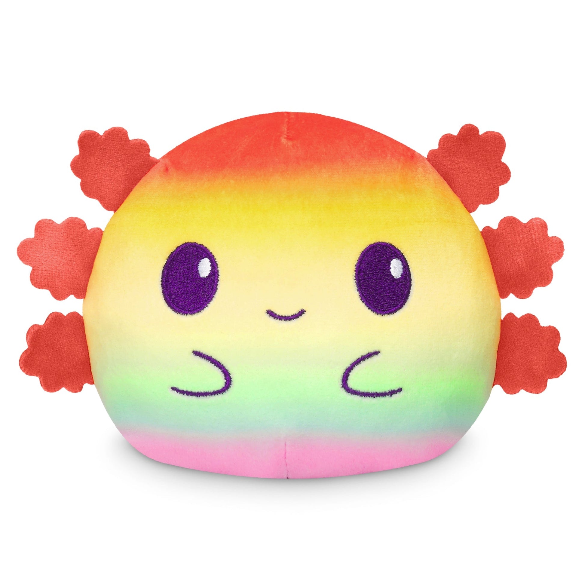 Colorful Plushiverse Axolotl Rainbows 4" Reversible Plushie with a smiling face and coral-shaped appendages by TeeTurtle.