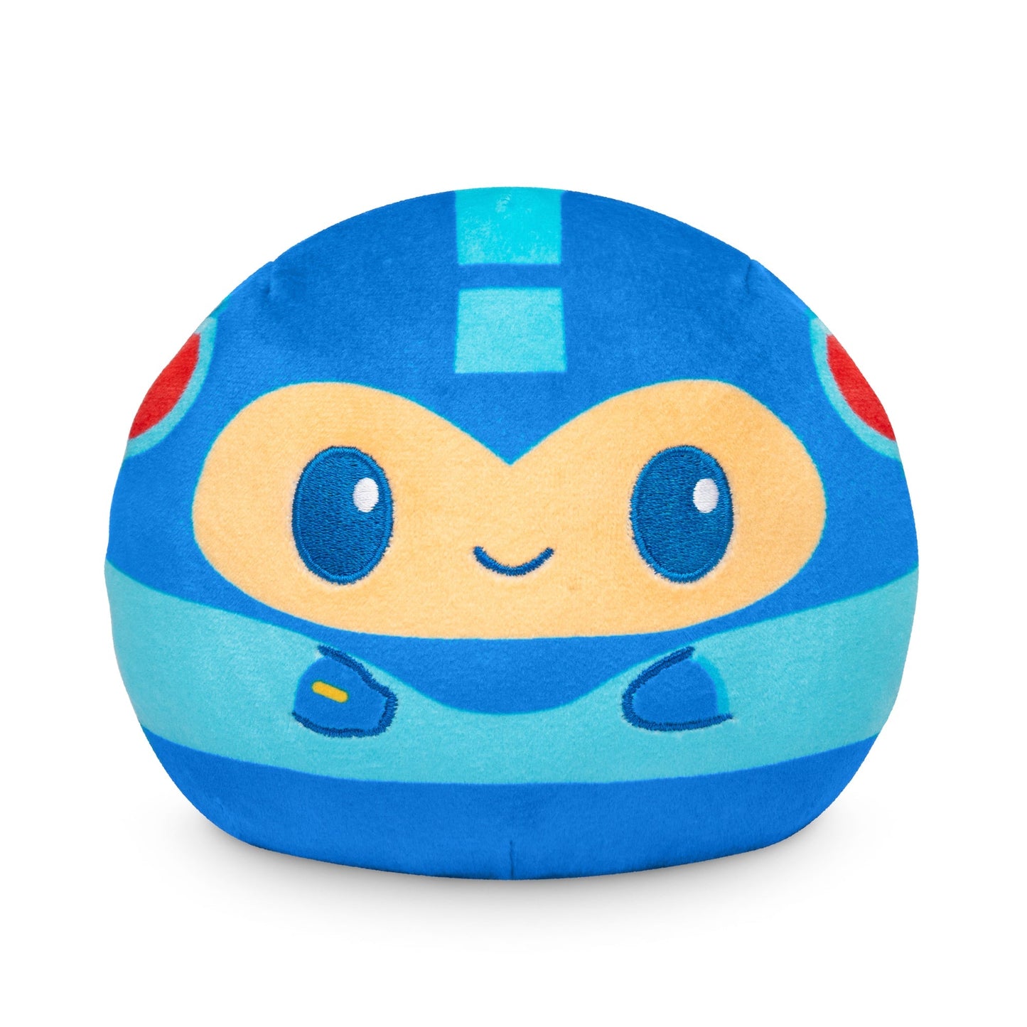 A soft and cuddly Plushiverse Mega Man and Rush 4" Reversible Plushie from TeeTurtle in the shape of a cute, smiling character wearing a blue helmet and suit with large eyes and small arms. This stuffed toy is perfect for snuggling.