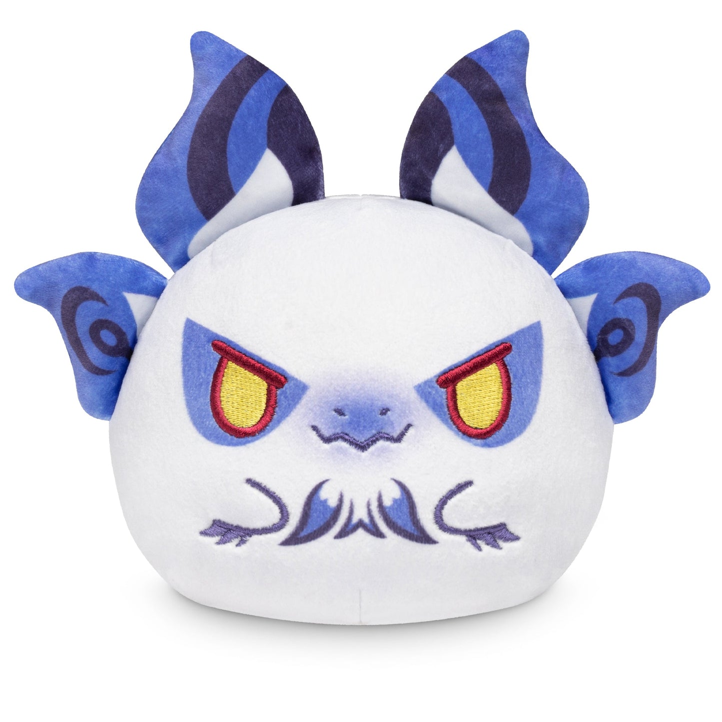 Monster Hunter presents a stuffed toy of a round creature with white fur, blue wing-like ears, yellow eyes, and an expression suggesting anger. This Plushiverse Mizutsune 4" Reversible Plushie adds excitement by transforming into a different character with just a flip!