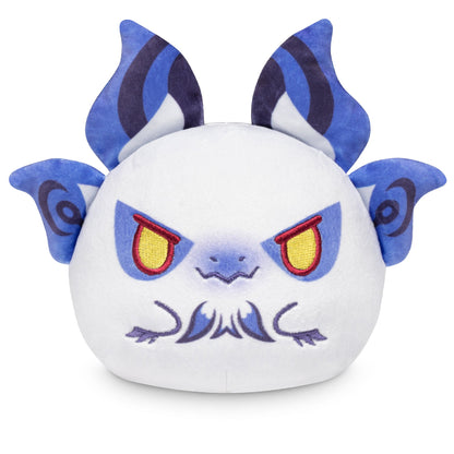 Monster Hunter presents a stuffed toy of a round creature with white fur, blue wing-like ears, yellow eyes, and an expression suggesting anger. This Plushiverse Mizutsune 4" Reversible Plushie adds excitement by transforming into a different character with just a flip!