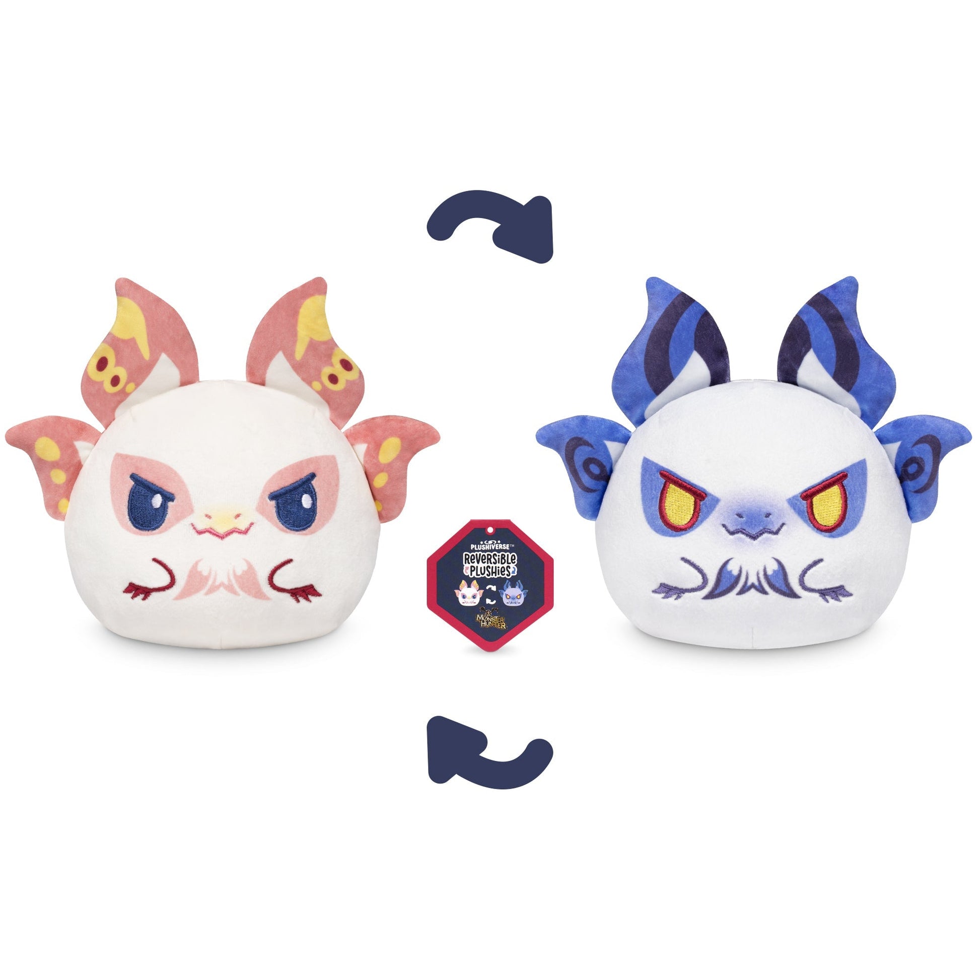 Two reversible Monster Hunter Plushiverse Mizutsune 4" Reversible Plushies featuring an angry white creature with pink and orange accents on one side, and an angry blue creature with purple and dark blue accents on the other side. Enjoy the fun versatility of these stuffed toys!