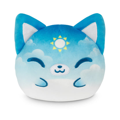 A blue and white stuffed toy cat with a sun design, perfect for cuddling and bringing joy to your day - TeeTurtle Plushiverse Rain or Shine Fox 4” Reversible Plushie.