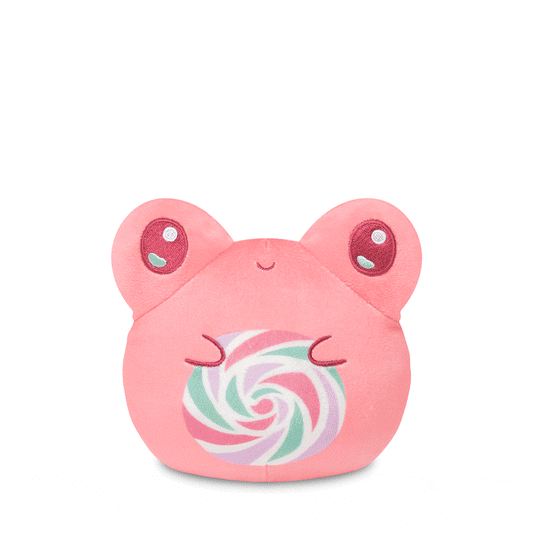 A Plushiverse Lollihop Frog 4” reversible plushie shaped like a pink lollipop on a white background by TeeTurtle.