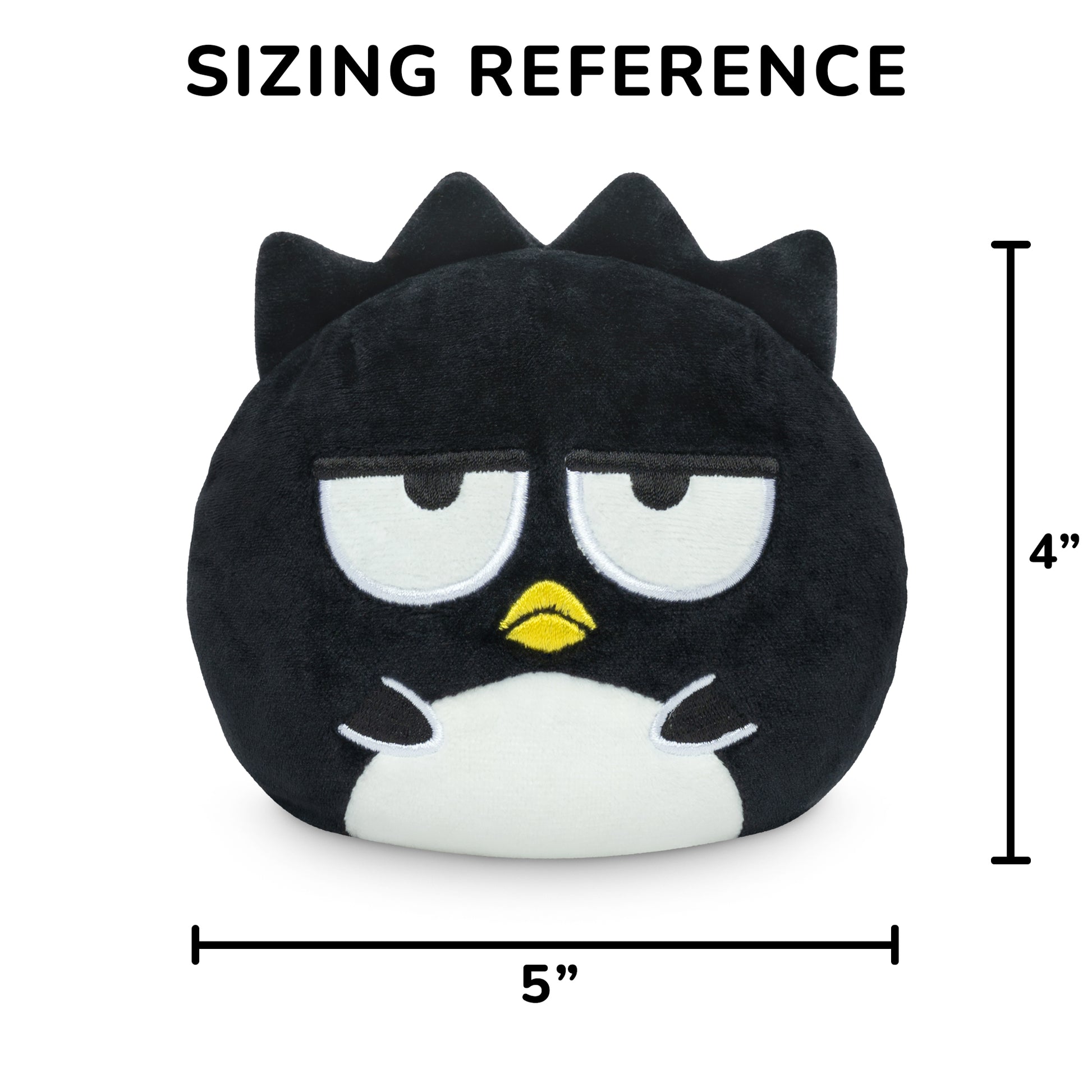 Pompompurin & Badtz-Maru 4" Reversible Plushie showing a sizing reference of four inches in height