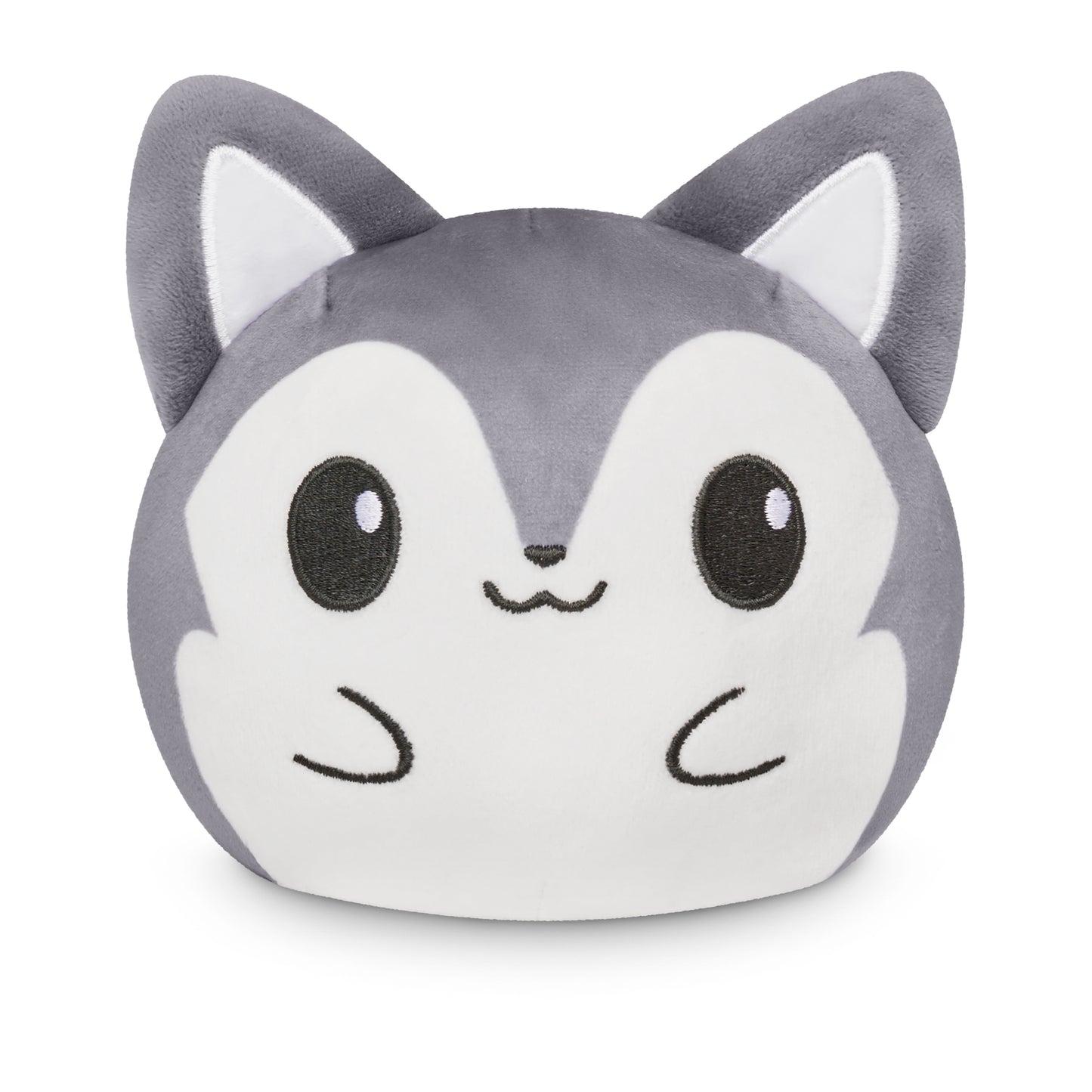TeeTurtle's Plushiverse Fierce Wolf 4" Reversible Plushie designed to resemble a cartoon-style gray and white cat face.