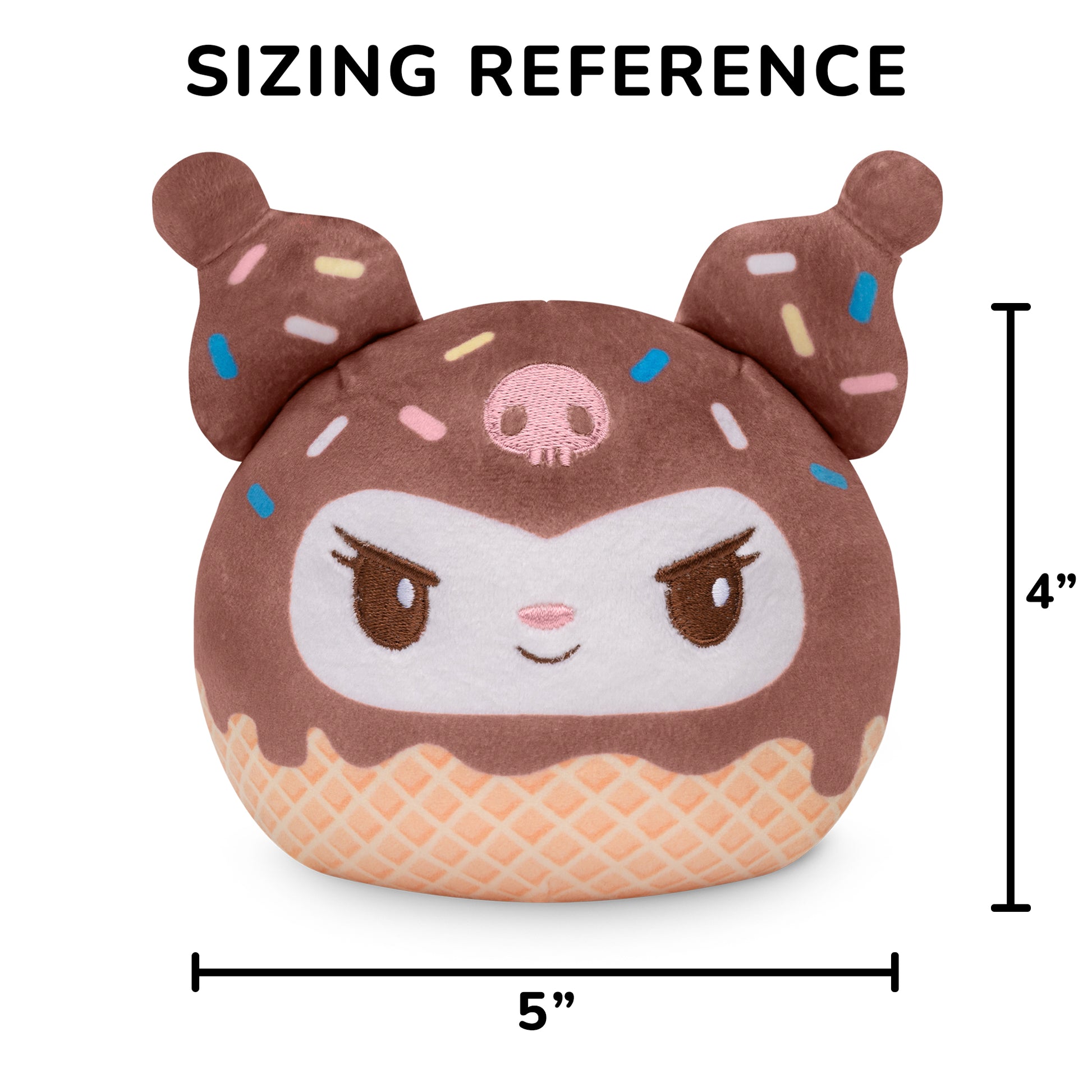 Kuromi Ice Cream Cone 4” Reversible Plushie with a sizing reference of 4 inches